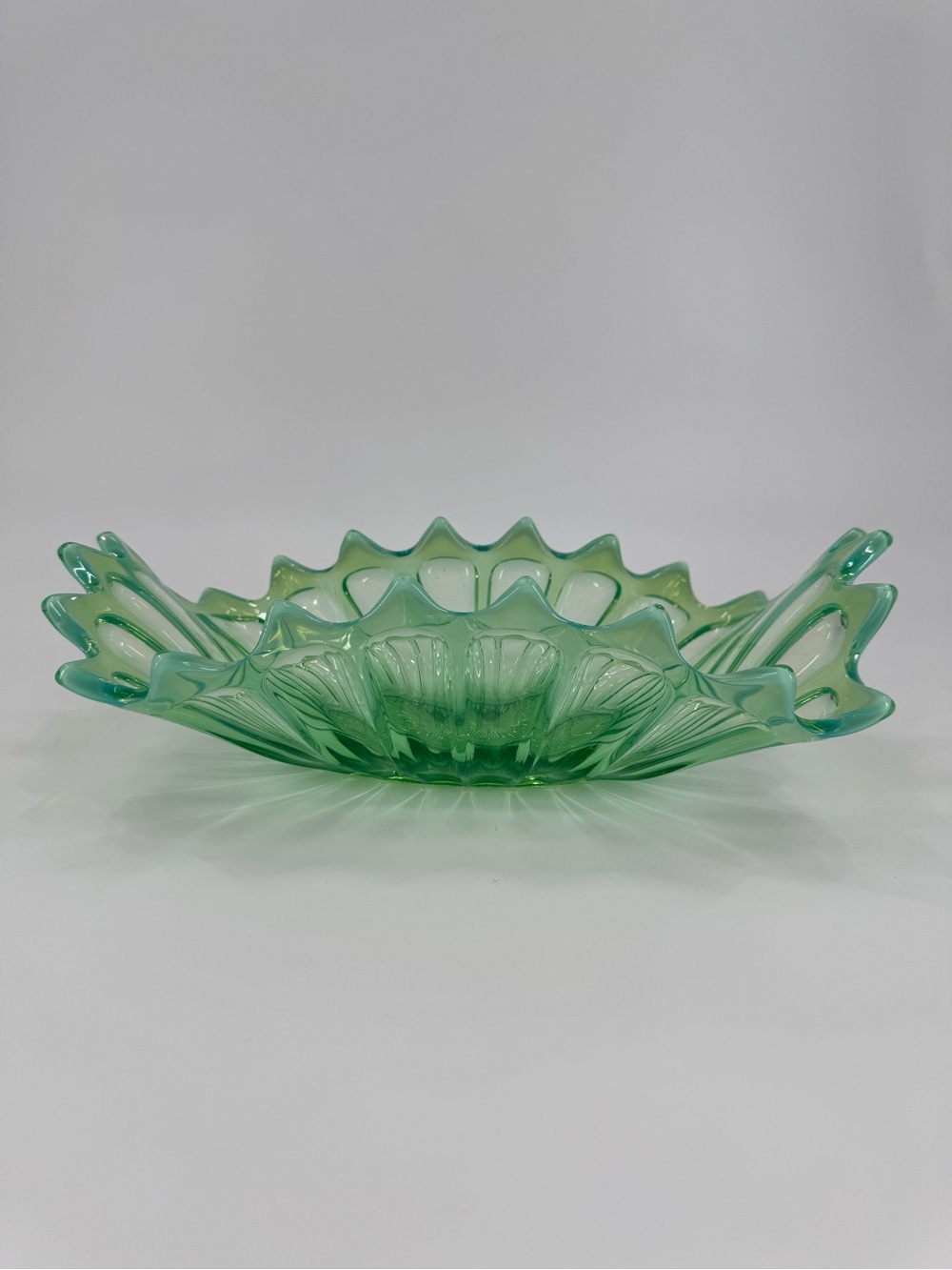 Antique Jefferson Glass Green Opalescent Inverted Strawberry Banana Boat